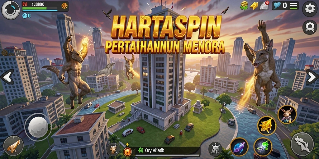 Screenshot menampilkan aksi seru di HARTASPIN dengan menara melawan gelombang musuh.