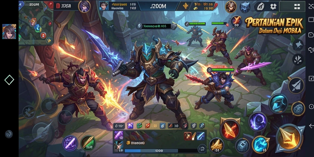 Screenshot gameplay J200M yang menunjukkan pertarungan seru dalam pertempuran MOBA.