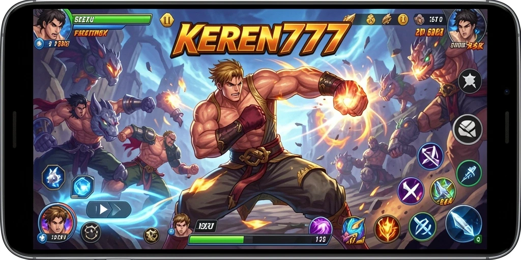 Tampilkan gameplay pertarungan seru KEREN777 dengan karakter bertarung.