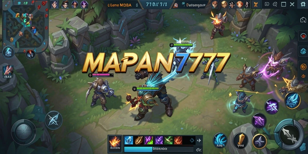 Screenshot utama <strong>MAPAN777</strong> menampilkan pertempuran MOBA yang intens.