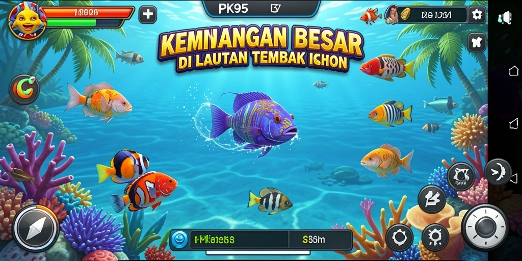 Screenshot gameplay PK95 menampilkan aksi seru menembak ikan.