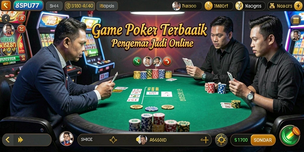 Screenshot gameplay SPBU77 menampilkan pemain poker yang sedang berkompetisi.