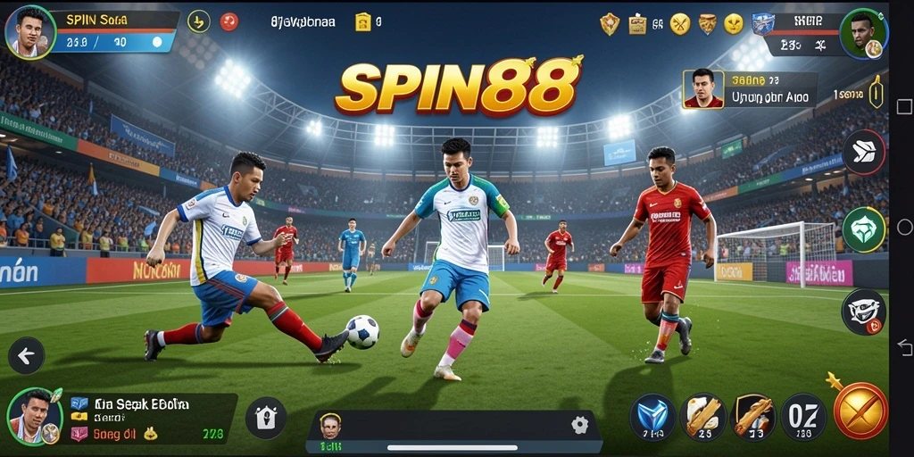 Tampilan gameplay SPIN88 dengan aksi sepak bola yang intens.
